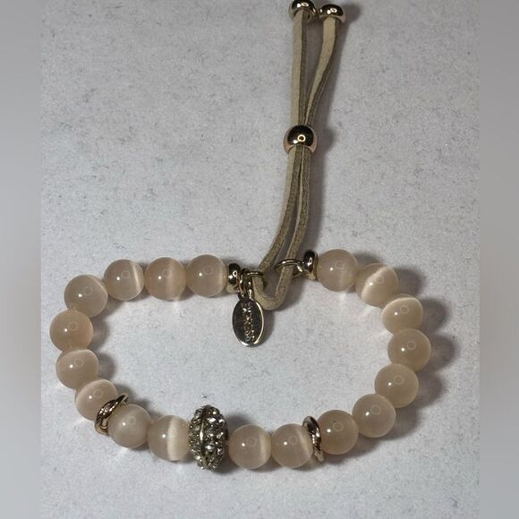 Express Crystal Glass Beads With Tan Pull Cord Slide Adjustable Bracelet NWOT - Picture 4 of 8